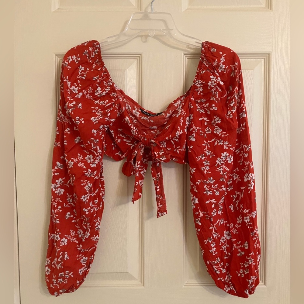 Red Floral Tie-Front Women's Top